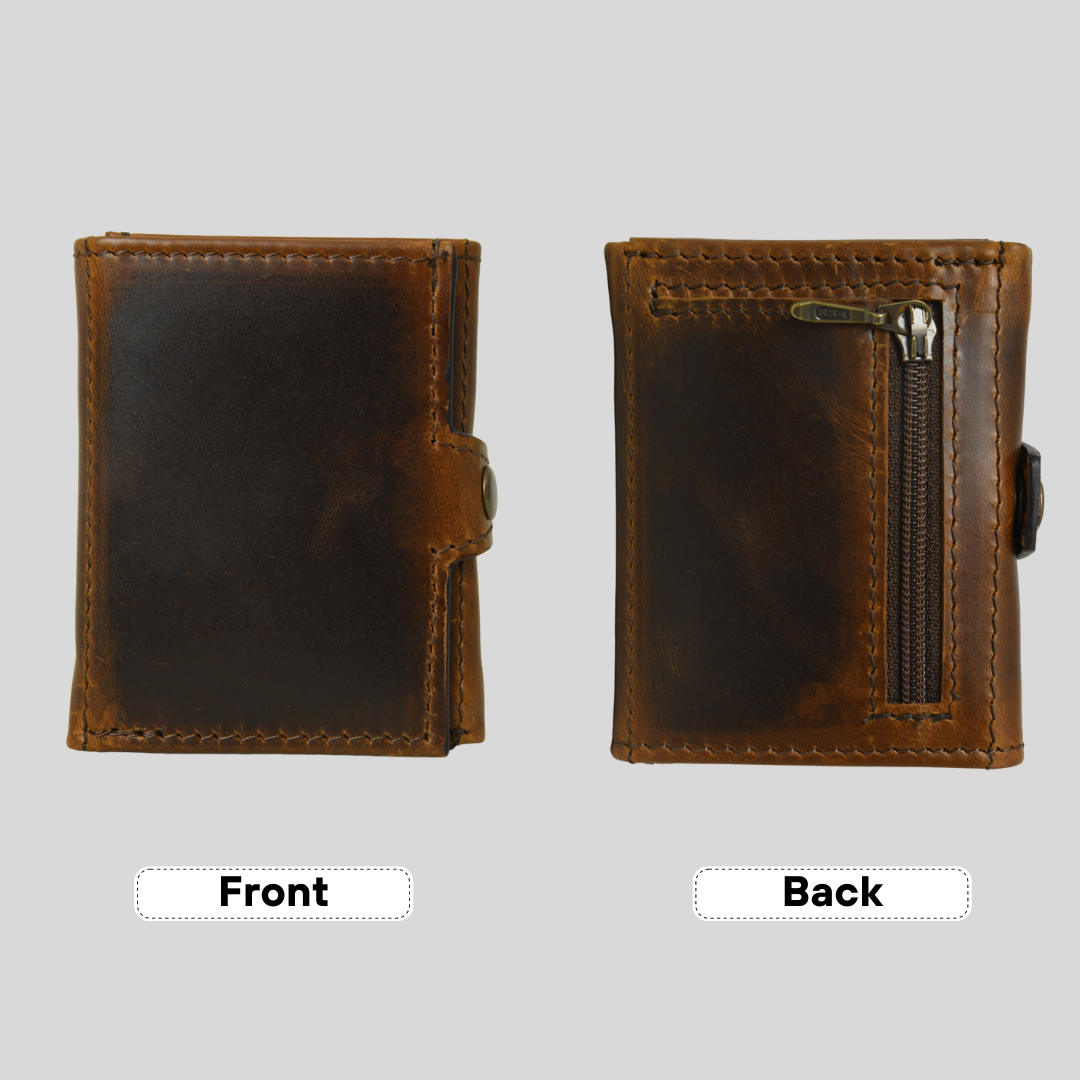 Front and back view of a brown leather trifold wallet with zippered coin pocket, snap closure, and card slots.