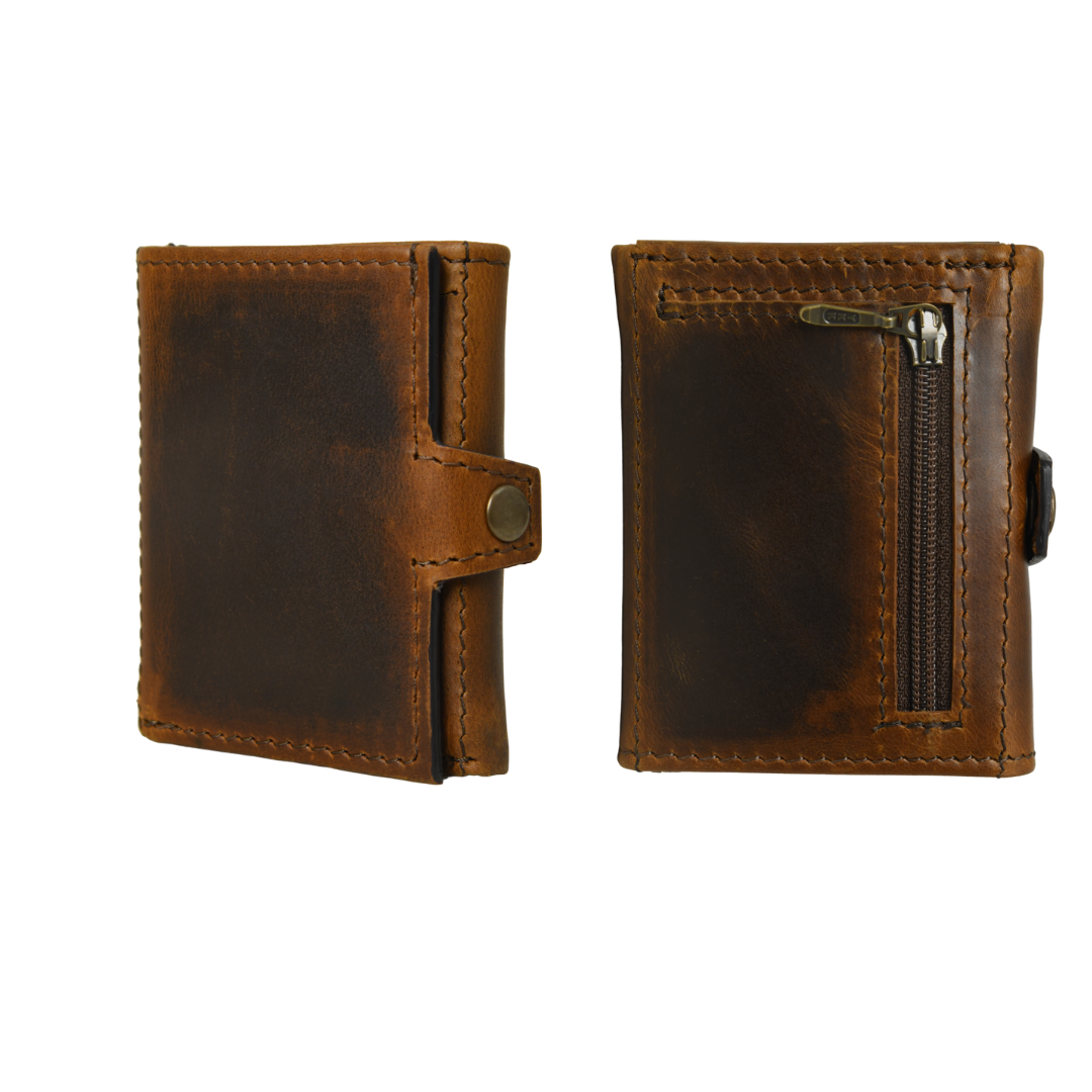 Brown leather trifold wallet with zippered coin pouch, snap closure, and multiple card slots.